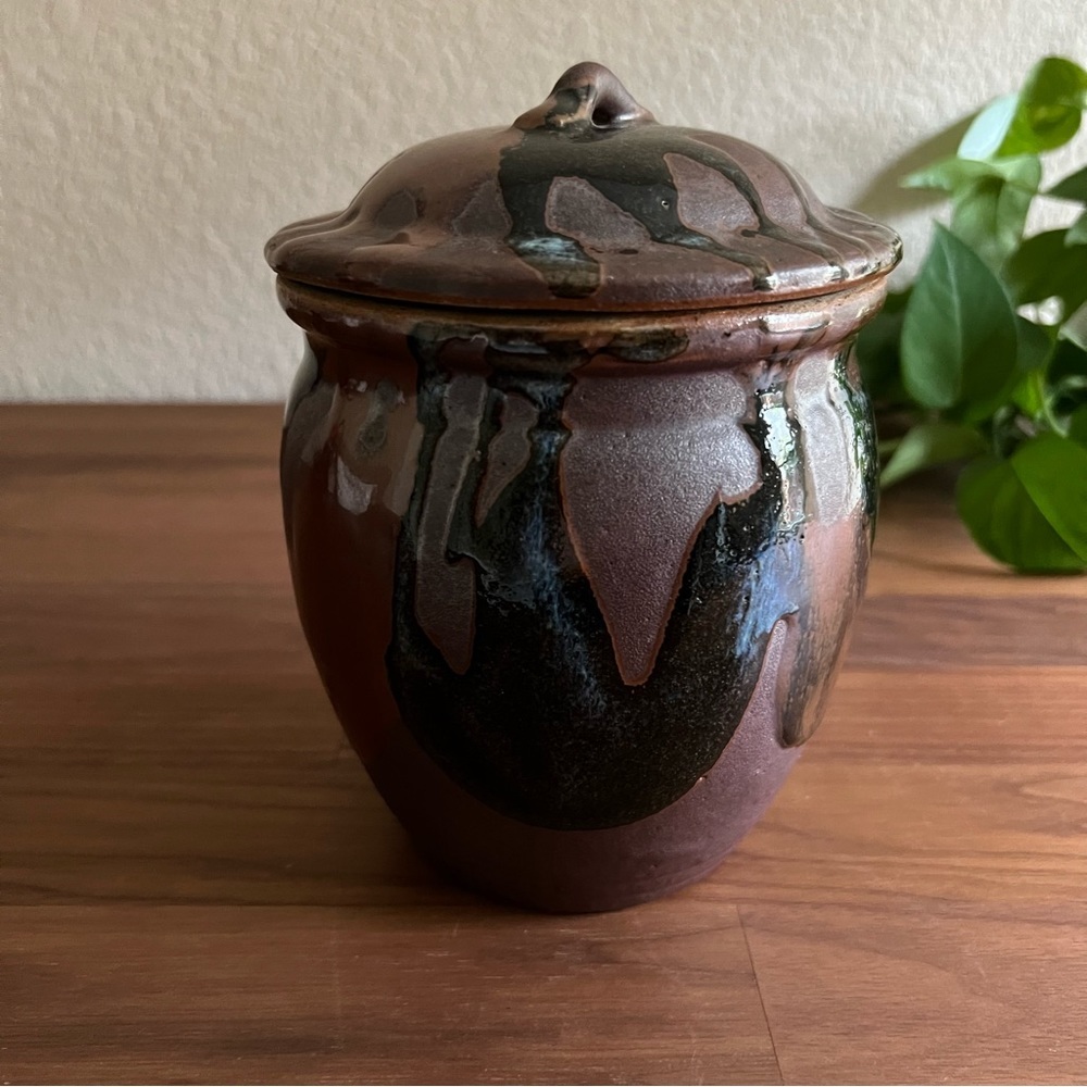 Vintage Japanese Pottery Mashiko Ware Pot with Lid Glaze Brown Earthenware